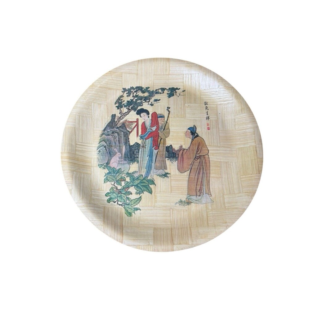 Chinese Bamboo Plate 11" Lucky Rabbit Tang Dynasty Family Photo Taiwan ROC